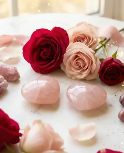 A luxurious crystal collection arranged in a circular mandala pattern featuring 10 distinct healing stones: pink rose quartz heart, deep red garnet, purple amethyst cluster, iridescent moonstone, pink-black rhodonite, green aventurine, pink tourmaline, green malachite swirls, emerald green gemstone, and pink-red rhodochrosite. Each crystal is clearly visible and beautifully lit with soft studio lighting on a neutral cream fabric backdrop. Small gold labels with elegant typography identify each stone. Professional jewelry photography, macro detail, warm romantic lighting, Valentine's theme with subtle rose petals in corners. Top-down view, symmetrical composition, ultra high resolution.