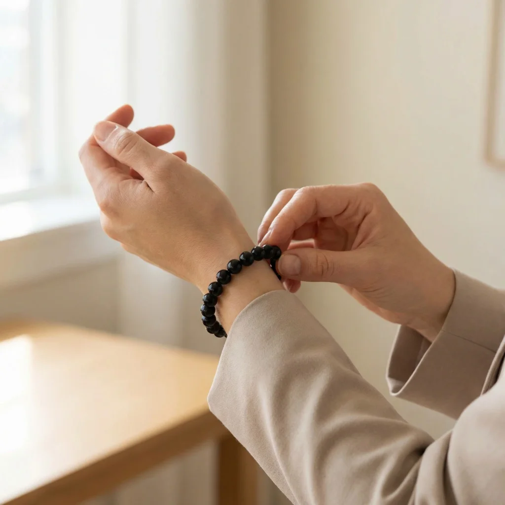 A woman holding her left wrist wearing a black obsidian feng shui bracelet, looking thoughtful and slightly concerned, soft natural window light