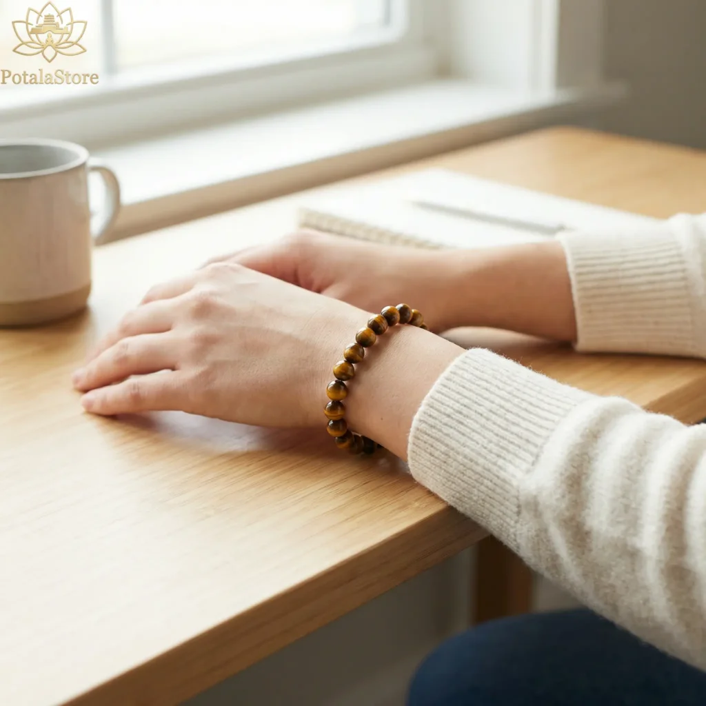 Woman wearing a golden-brown tiger eye bracelet on her left wrist, suggesting grounding energy and inner confidence