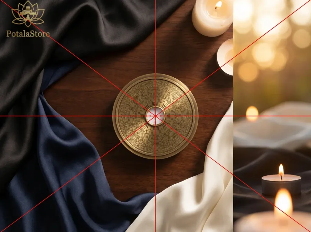 A feng shui compass surrounded by colored fabric swatches in black, dark blue and white — the unlucky colors for Horse zodiac people in 2026 — with a red prohibition symbol