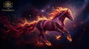 A mystical red fire horse galloping through golden cosmic energy, representing the 2026 Fire Horse Ben Ming Nian year in Chinese zodiac tradition