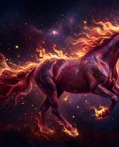 A mystical red fire horse galloping through golden cosmic energy, representing the 2026 Fire Horse Ben Ming Nian year in Chinese zodiac tradition