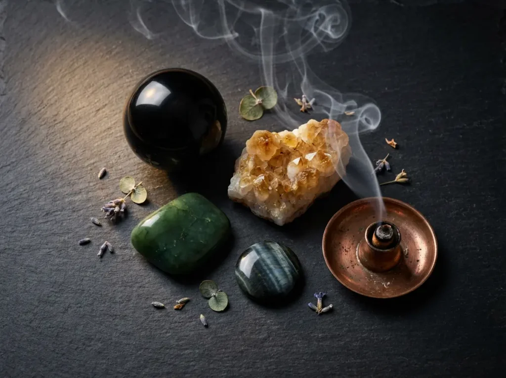 Black obsidian, citrine, jade and blue tiger's eye crystals arranged on a dark stone surface with incense smoke, recommended protective stones for Horse zodiac in 2026