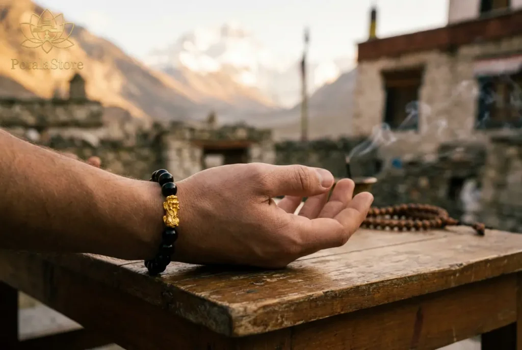 A black obsidian Pixiu bracelet resting on a hand with Himalayan monastery architecture blurred in the background, representing authentic Tibetan Buddhist protection for Horse zodiac people in their Ben Ming Nian year 2026