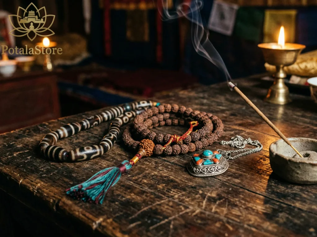 Authentic Tibetan Buddhist jewelry including Dzi beads, a hand-knotted mala, and turquoise coral ornaments on aged wood — traditional Himalayan spiritual jewelry sourced by PotalaStore