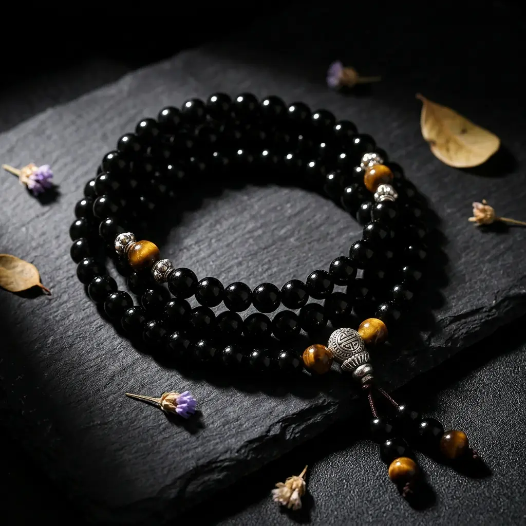 black-obsidian-tiger-eye-mala-bracelet-dark-slate-dramatic-potalastore 108-bead black obsidian mala bracelet with tiger eye accent beads and carved silver guru bead on dark stone slate, surrounded by dried lavender flowers — PotalaStore