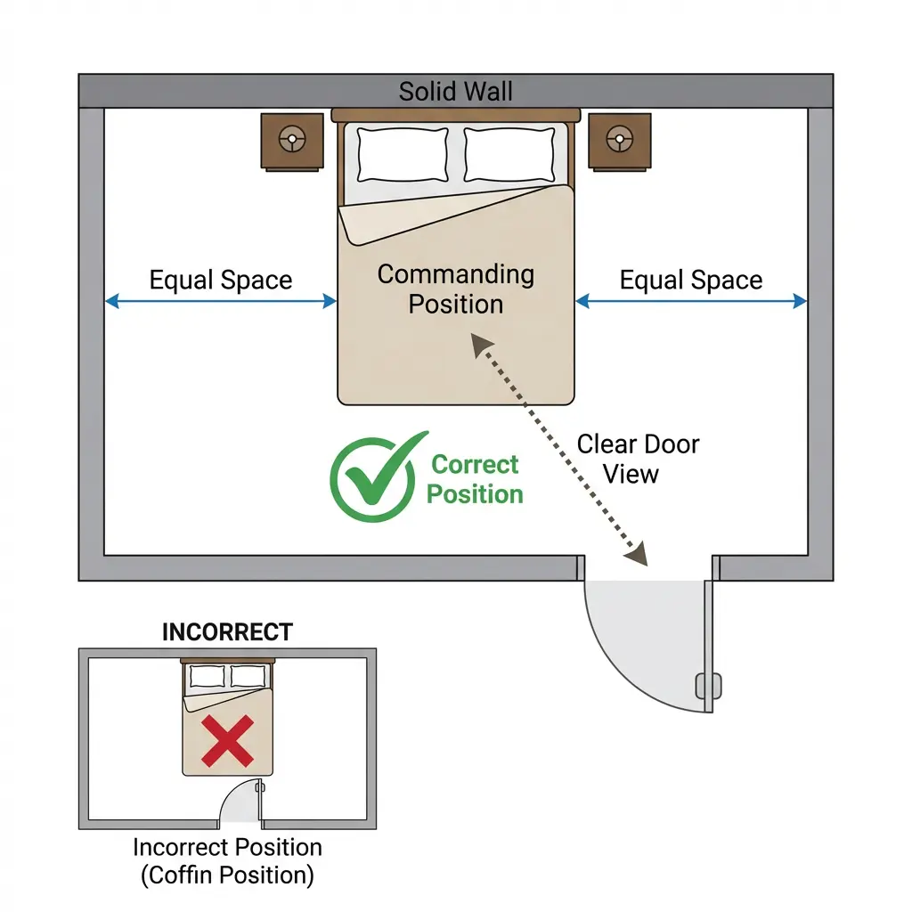 Feng shui commanding position diagram showing correct bed placement diagonally across from door with solid wall behind headboard and clear view of entrance