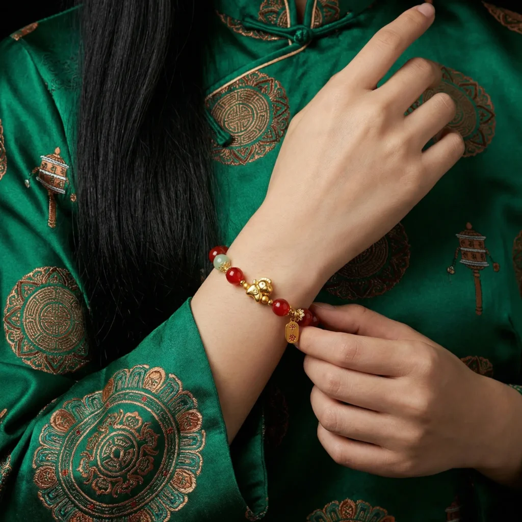 fire-horse-feng-shui-bracelet-worn-wrist-chinese-qipao-2026-potalastore 火の馬風水ブレスレット手首着用中国旗袍2026ポタラストア