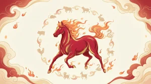 Majestic red and gold fire horse surrounded by traditional Chinese zodiac symbols, representing the Year of the Fire Horse 2026 with flames and auspicious cloud patterns