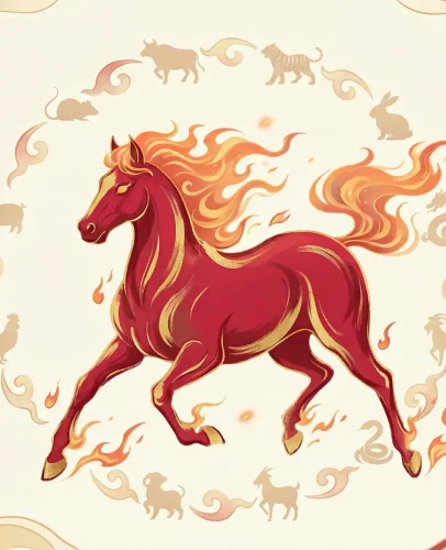Majestic red and gold fire horse surrounded by traditional Chinese zodiac symbols, representing the Year of the Fire Horse 2026 with flames and auspicious cloud patterns