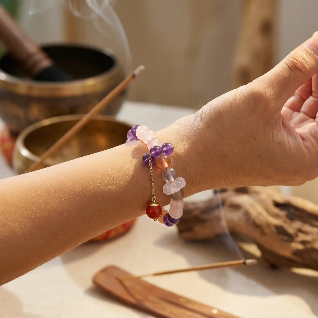 nine-purple-star-bracelet-yoga-meditation-singing-bowl Nine Purple Star feng shui bracelet with red agate charm and purple crystal beads arranged on wooden prayer wheel with Buddhist mantras
