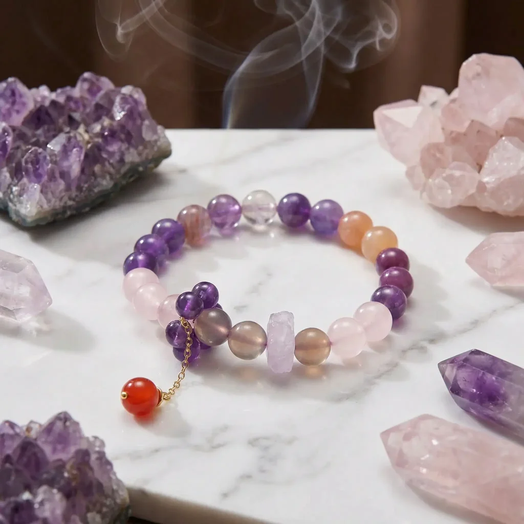 nine-purple-star-crystal-bracelet-amethyst-rose-quartz-cluster Professional woman typing on laptop wearing Nine Purple Star wealth bracelet for daily prosperity with Tibetan mandala art and coffee cup on desk