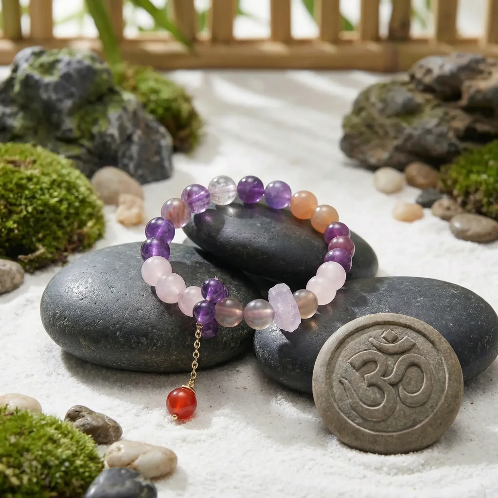 nine-purple-star-meditation-bracelet-zen-garden-om-symbol Woman in serene mountain meditation at golden hour wearing Nine Purple Star Period 9 bracelet while holding Buddhist mala prayer beads