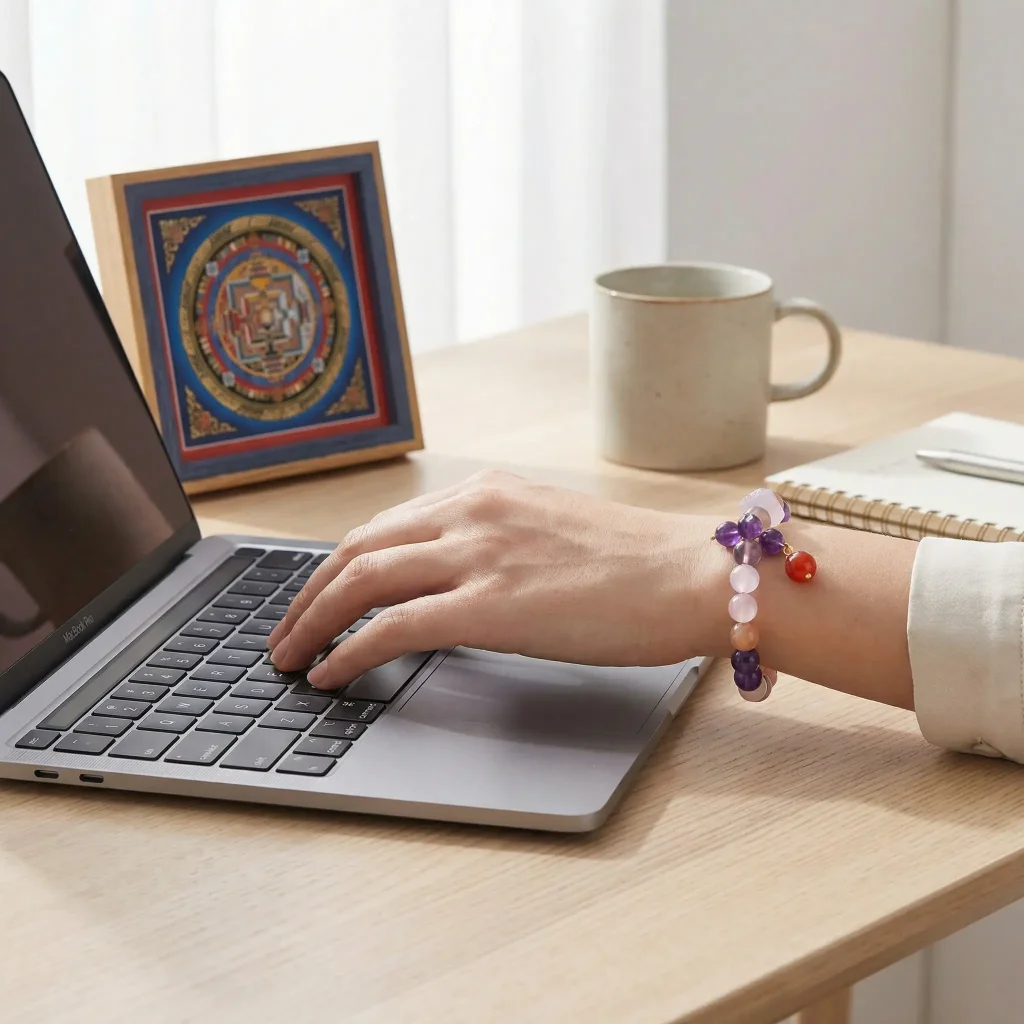 nine-purple-star-prosperity-bracelet-office-work-mandala Nine Purple Star wealth bracelet surrounded by natural amethyst geode and rose quartz clusters on white marble with cleansing sage smoke