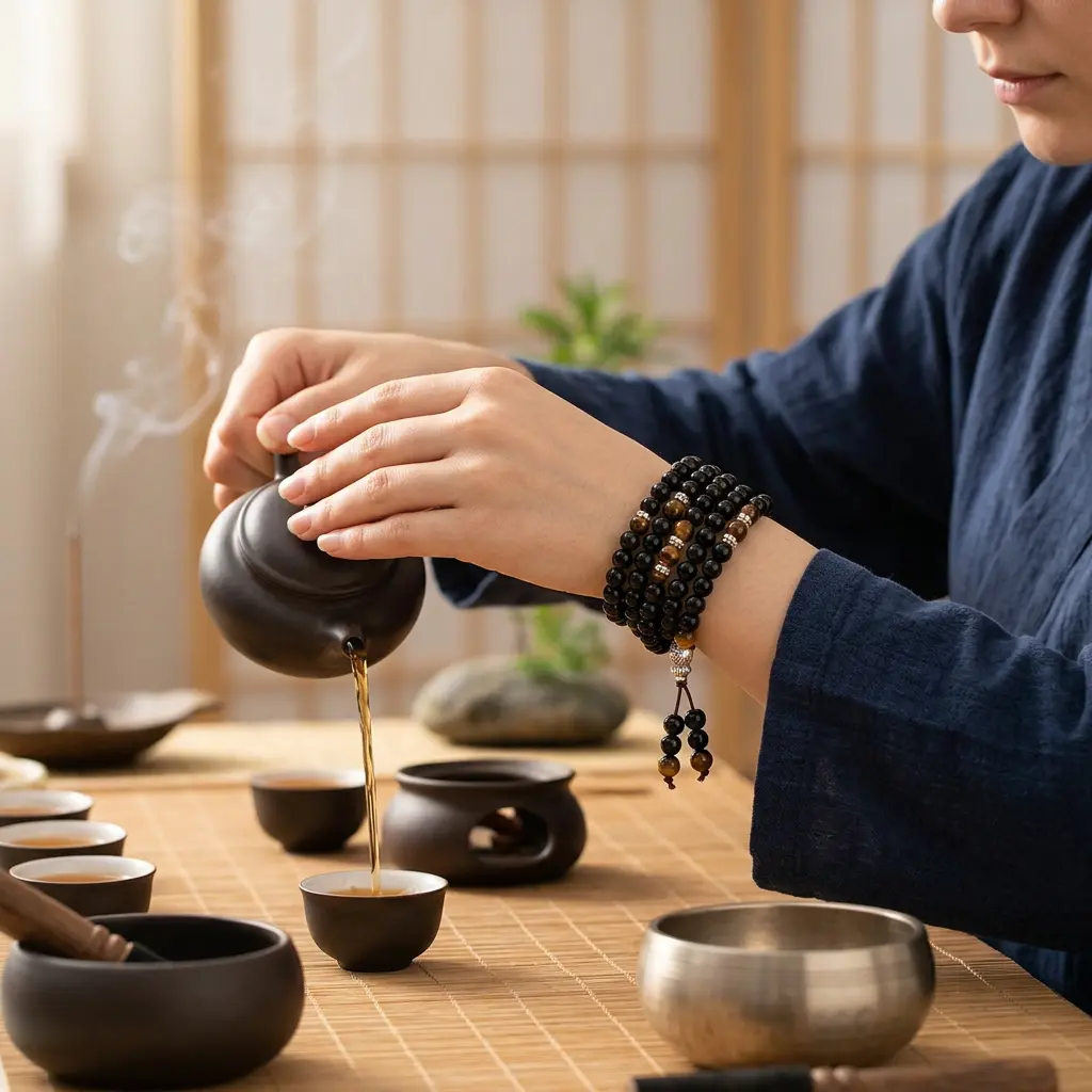 obsidian-mala-bracelet-worn-wrist-tea-ceremony-lifestyle-potalastore Person wearing 108-bead black obsidian tiger eye mala as a 4-wrap bracelet during a traditional Asian tea ceremony, guru bead tassel visible on wrist