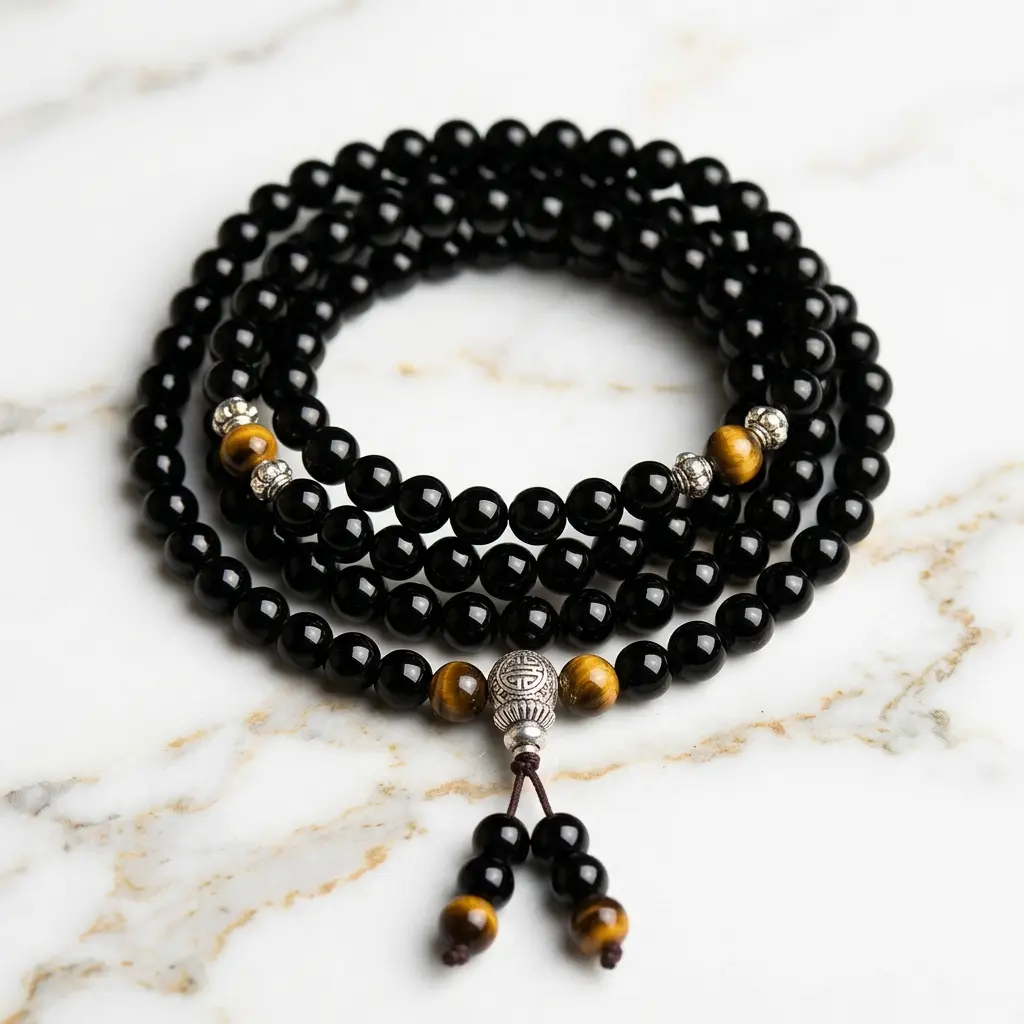 obsidian-tiger-eye-108-mala-bracelet-natural-stone-potalastore 108-bead black obsidian and tiger eye mala bracelet coiled on white marble, showing silver-tone guru bead and brown cord tassels — PotalaStore
