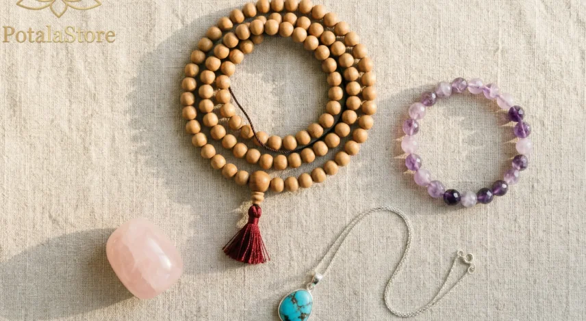 A flat lay of spiritual jewelry including mala beads, crystal bracelets, and a turquoise pendant arranged on natural linen — spiritual jewelry for inner peace from PotalaStore