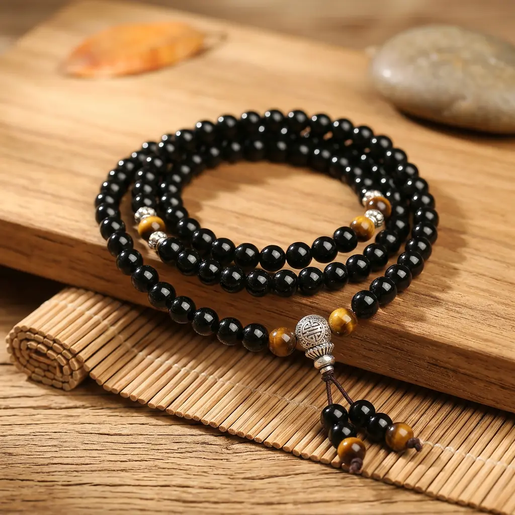 tibetan-mala-bracelet-obsidian-tiger-eye-zen-wood-background-potalastore Black obsidian tiger eye mala necklace resting on natural wood board with bamboo mat, dried leaf and stone — Tibetan Buddhist prayer beads by PotalaStore