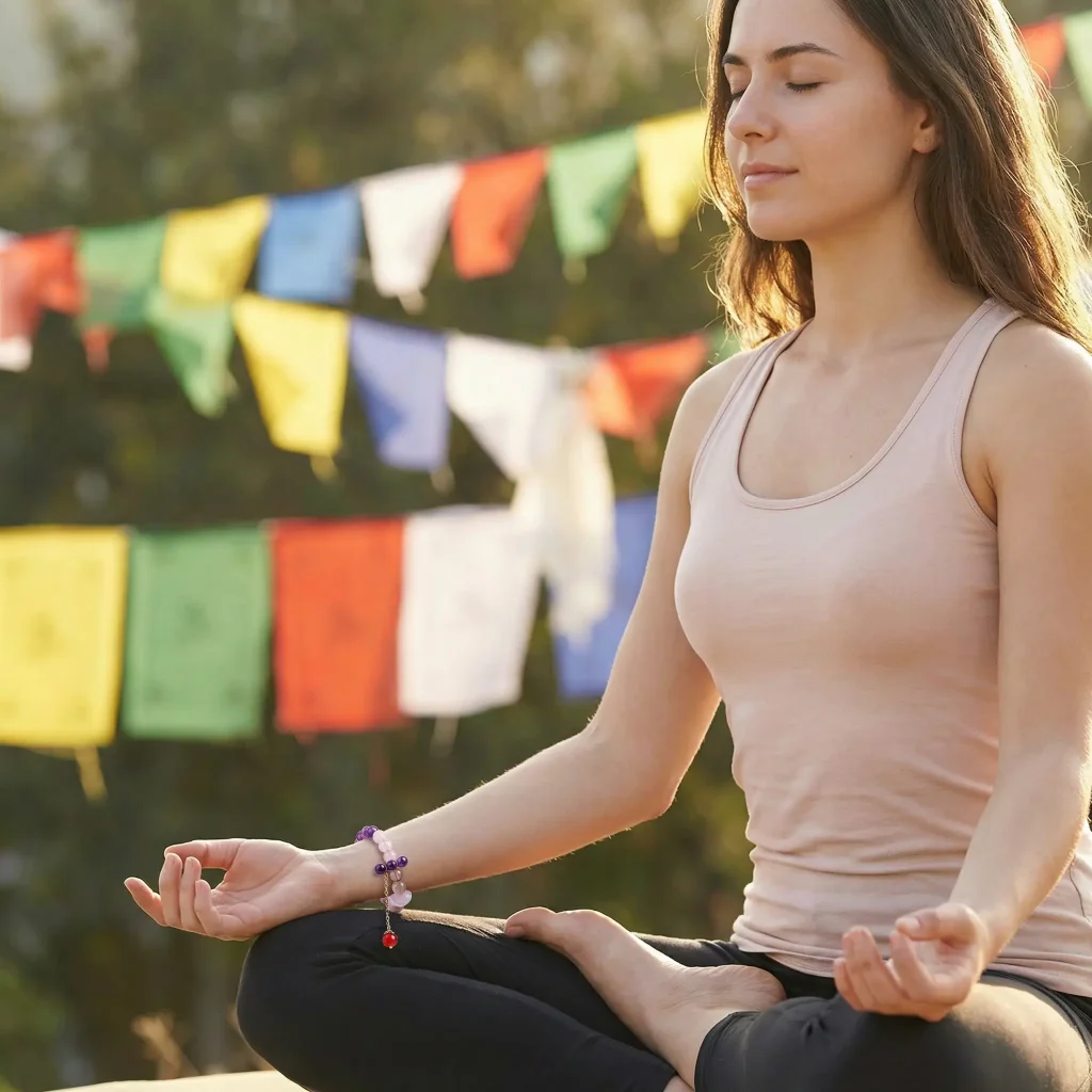 woman-meditating-nine-purple-star-bracelet-prayer-flags Nine Purple Star prosperity bracelet with amethyst rose quartz and sunstone beads displayed on authentic Tibetan brocade fabric with traditional dragon and cloud patterns