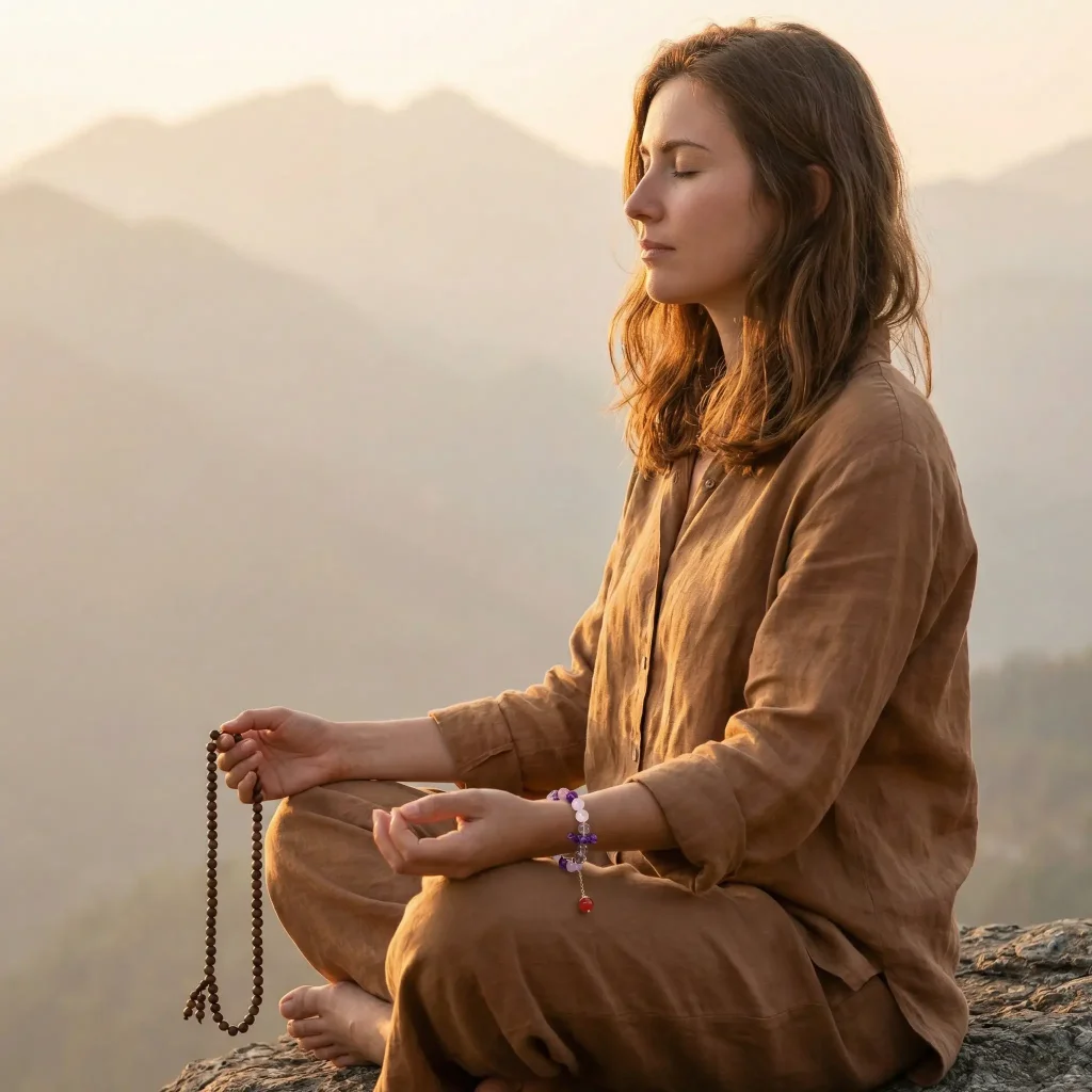 woman-mountain-meditation-nine-purple-star-bracelet-mala-beads Nine Purple Star harmony bracelet resting on zen meditation stones with Om symbol carving in peaceful Japanese garden setting with moss and rocks