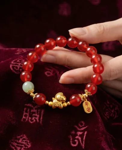Natural red agate feng shui bracelet for 2026 Year of the Fire Horse, featuring a gold horse zodiac charm and 平安 (Peace) blessing tag, held by hand over a deep burgundy Tibetan brocade fabric embroidered with Om mantra symbols