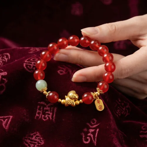 Natural red agate feng shui bracelet for 2026 Year of the Fire Horse, featuring a gold horse zodiac charm and 平安 (Peace) blessing tag, held by hand over a deep burgundy Tibetan brocade fabric embroidered with Om mantra symbols