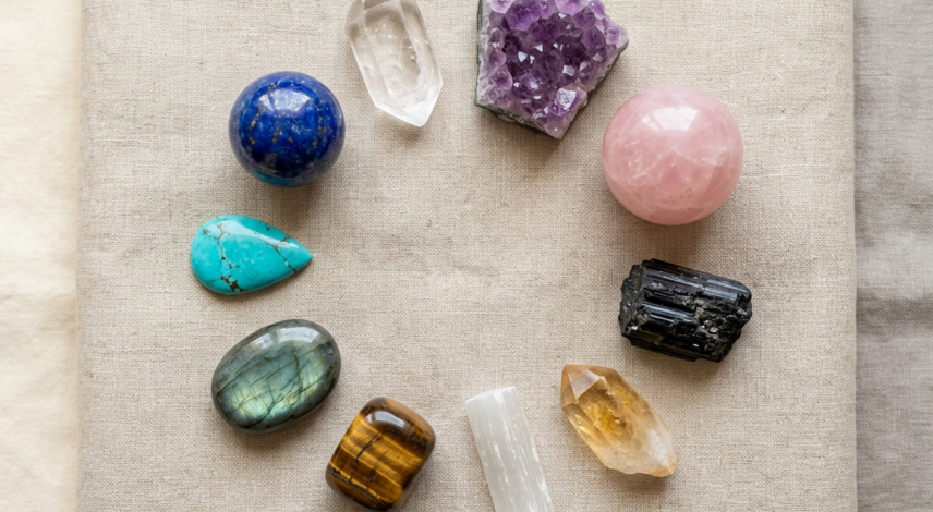 10 Best Healing Crystals for Beginners Flat lay of 10 best healing crystals for beginners including clear quartz, amethyst, rose quartz, black tourmaline, and turquoise on natural linen