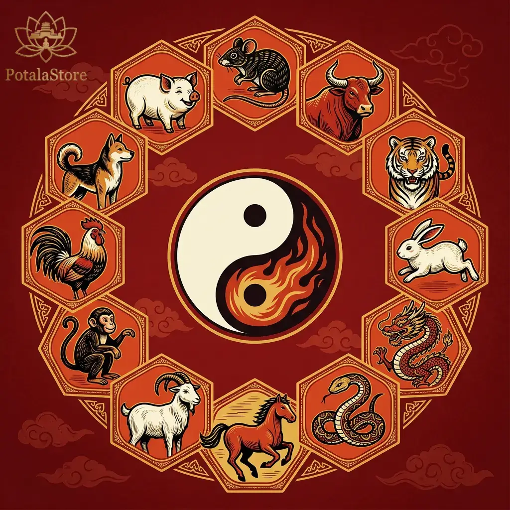 Circular arrangement of all 12 Chinese zodiac animals illustrated in traditional style with gold accents on a deep red background for the 2026 Fire Horse year March horoscope
