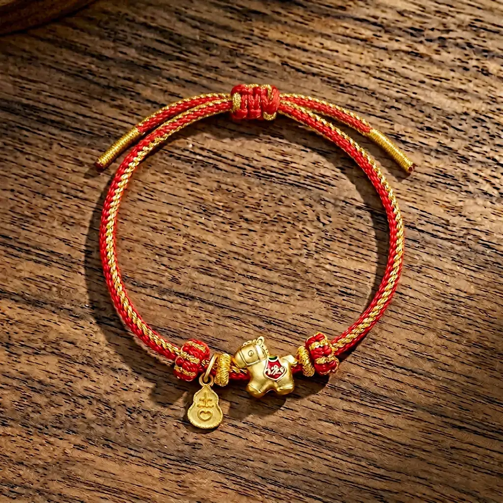 2026 Fire Horse Red String Copper Braided Bracelet on Wood – PotalaStore 2026 Fire Horse red and gold braided string bracelet with copper horse charm and luck pendant displayed on rustic dark wood texture background