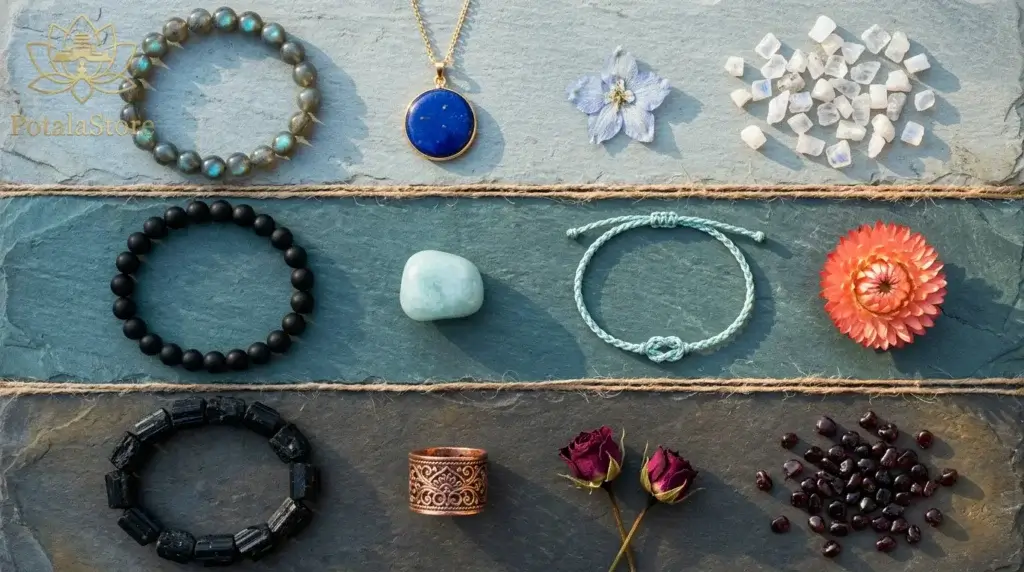 Three groups of Tibetan spiritual jewelry laid out side by side representing Mercury retrograde in Pisces, Cancer, and Scorpio 2026, featuring labradorite, aquamarine, and black tourmaline pieces on water-stained stone
