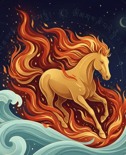 April 2026 Chinese zodiac horoscope illustration showing the Fire Horse and Water Dragon elemental energy for all 12 signs