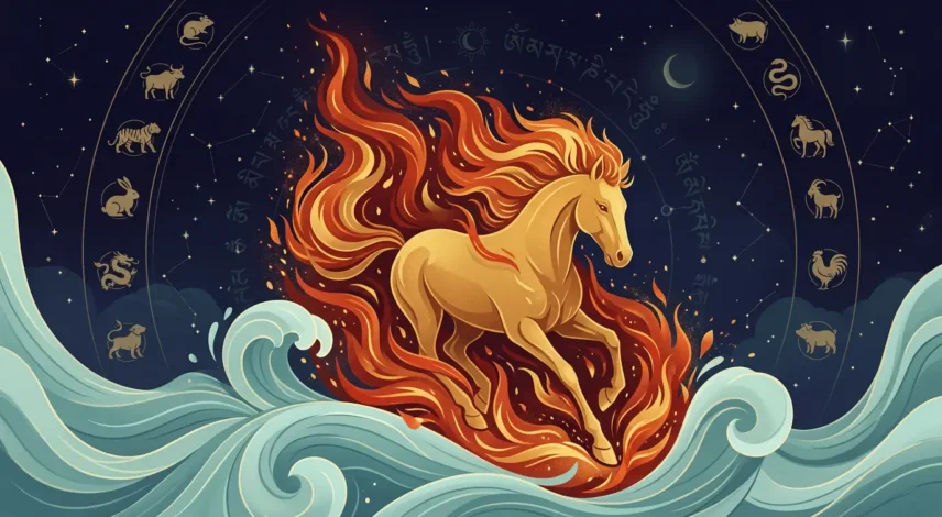 April 2026 Chinese Zodiac Horoscope — Fire Horse Year Forecast April 2026 Chinese zodiac horoscope illustration showing the Fire Horse and Water Dragon elemental energy for all 12 signs