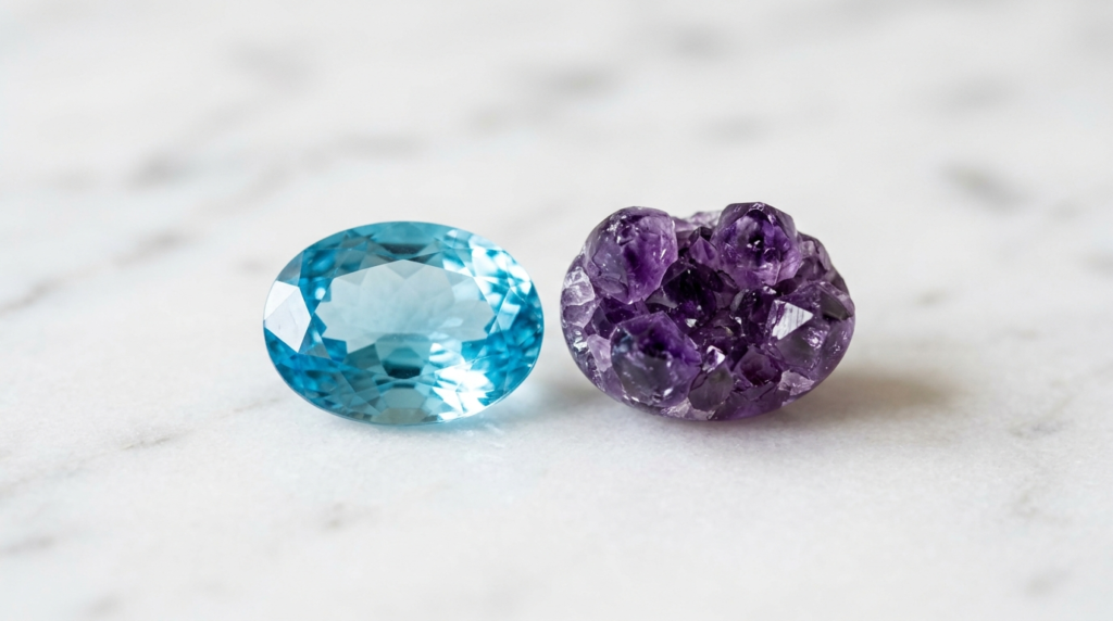 Two Pisces birthstones side by side: blue-green aquamarine for March Pisces and deep purple amethyst for February Pisces, displayed on a white marble surface