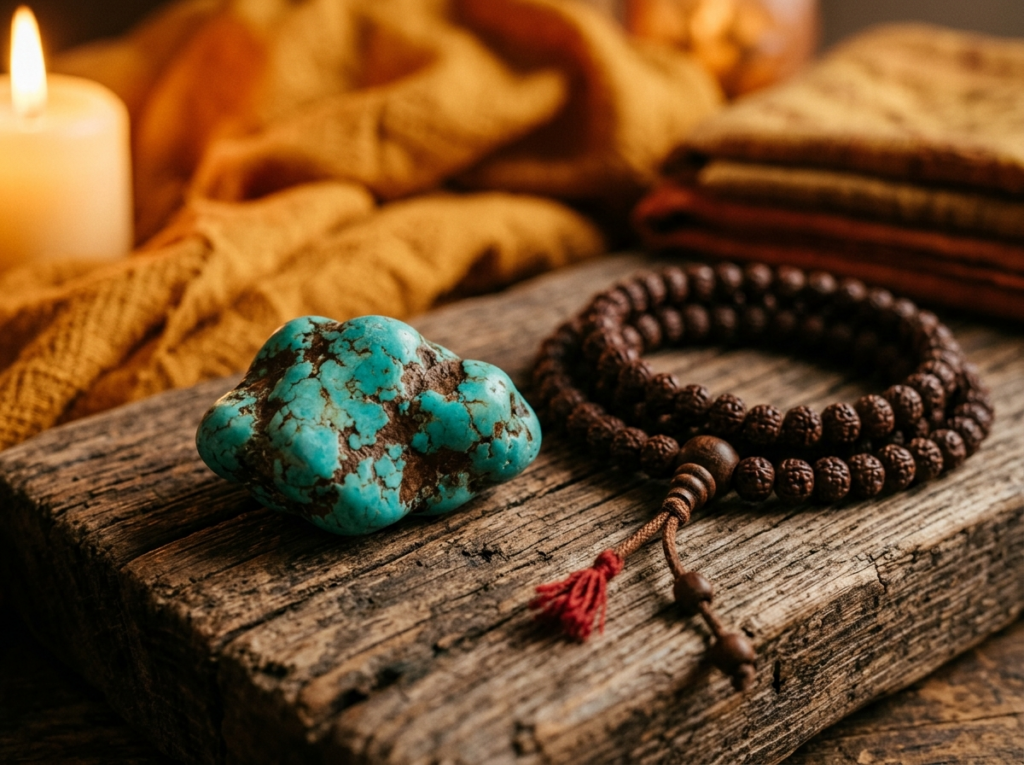 Rough authentic Tibetan turquoise stone with natural matrix veining beside Tibetan mala prayer beads on aged wood, representing 3000 years of Himalayan Buddhist tradition