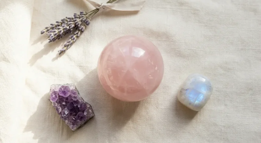 Baby Shower Crystal Gifts Rose Quartz and Amethyst A curated baby shower crystal gift set featuring rose quartz sphere, amethyst cluster, and moonstone on soft cream linen with a sprig of dried lavender