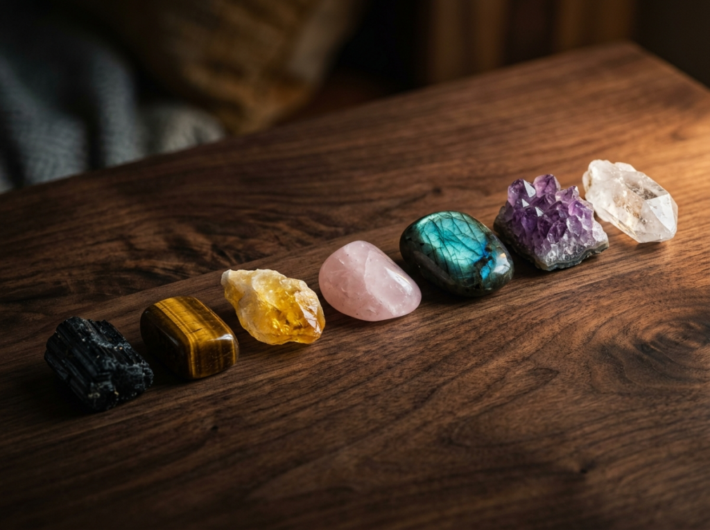 Seven healing crystals arranged in a chakra color gradient line from black tourmaline at the root to clear quartz at the crown on dark wood