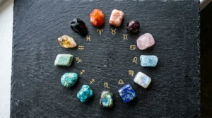 Twelve zodiac crystals arranged in a circle on dark slate, including moonstone, carnelian, rose quartz and turquoise, representing all astrological signs