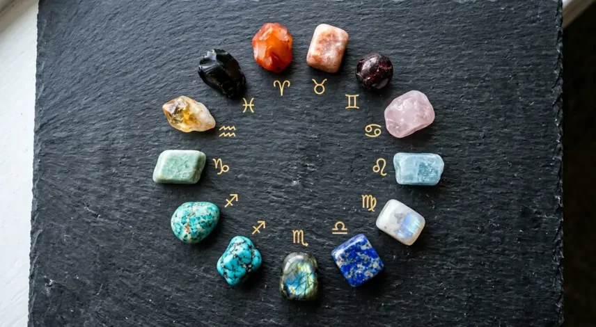Best Crystals for Zodiac Signs — Astrological Crystal Guide Twelve zodiac crystals arranged in a circle on dark slate, including moonstone, carnelian, rose quartz and turquoise, representing all astrological signs