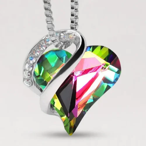 Heart-shaped vitrail rainbow multicolor crystal pendant necklace on stainless steel chain, healing energy Tibetan jewelry for women