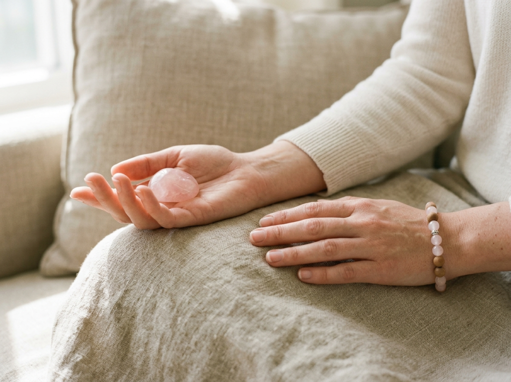 A woman's hands in meditation posture holding a small rose quartz gemstone alongside a mala bracelet, with soft morning light and a neutral linen background