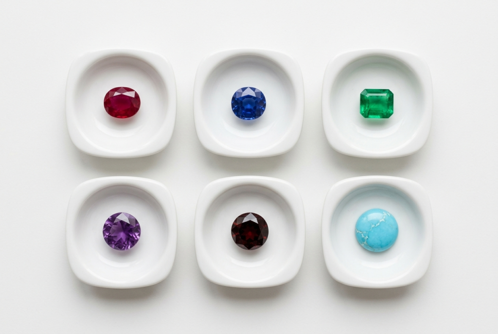Six polished gemstones labeled by birth month displayed on a white surface — ruby for July, sapphire for September, emerald for May, amethyst for February, garnet for January, and turquoise for December