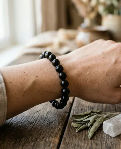 Black Obsidian Bracelet on Left Wrist A polished black obsidian bead bracelet worn on the left wrist, with smooth volcanic glass beads catching soft natural light against warm skin