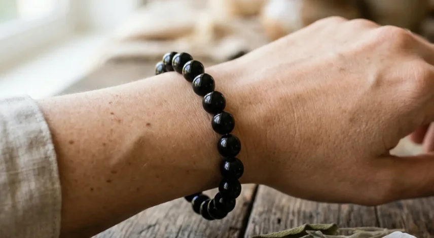 Black Obsidian Bracelet on Left Wrist A polished black obsidian bead bracelet worn on the left wrist, with smooth volcanic glass beads catching soft natural light against warm skin