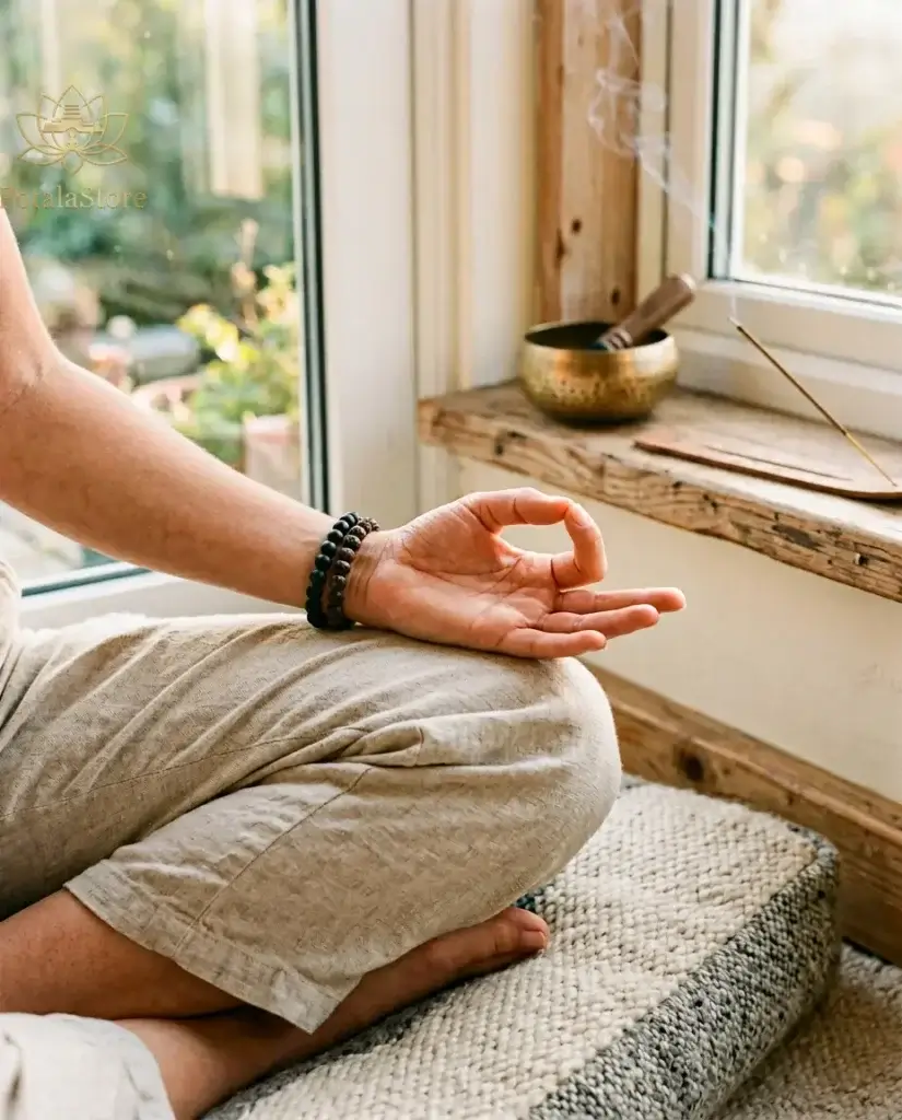 A woman's left wrist wearing a black obsidian beaded bracelet and a mala bracelet during morning meditation, with a lapis lazuli pendant visible at the throat, soft natural window light