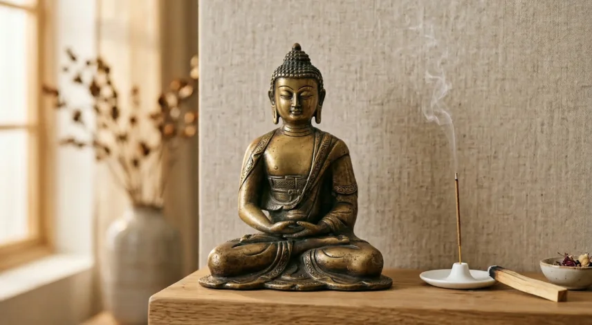 A brass meditating Buddha statue placed on an elevated wooden altar shelf with a small incense holder and dried flowers, in a calm living room setting