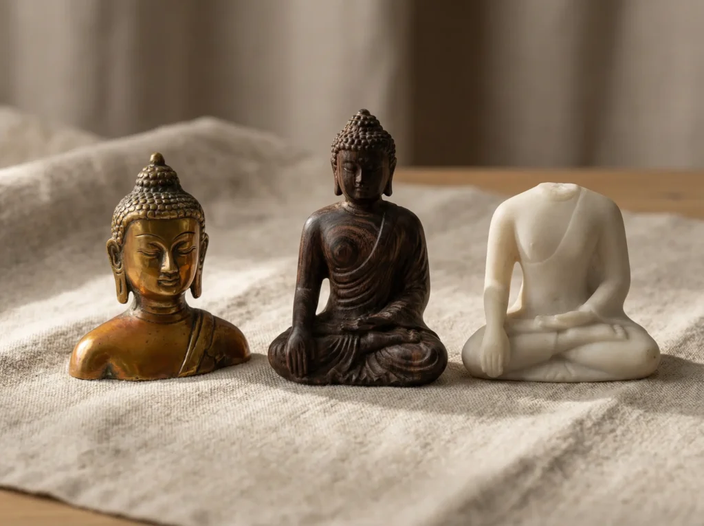 A smiling Budai (Laughing Buddha) brass figurine placed beside natural kraft wrapping paper and a small handwritten gift card on a wooden table, warm lifestyle photography style