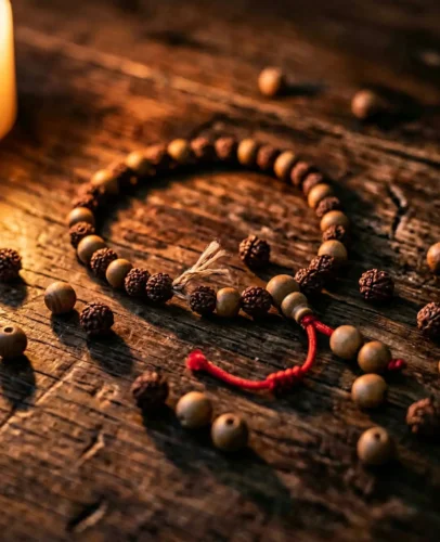 Buddhist Bracelet Broke Spiritual Meaning A broken Buddhist bracelet with scattered beads on a wooden surface, representing spiritual completion in Tibetan Buddhist tradition