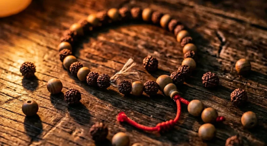 Buddhist Bracelet Broke Spiritual Meaning A broken Buddhist bracelet with scattered beads on a wooden surface, representing spiritual completion in Tibetan Buddhist tradition