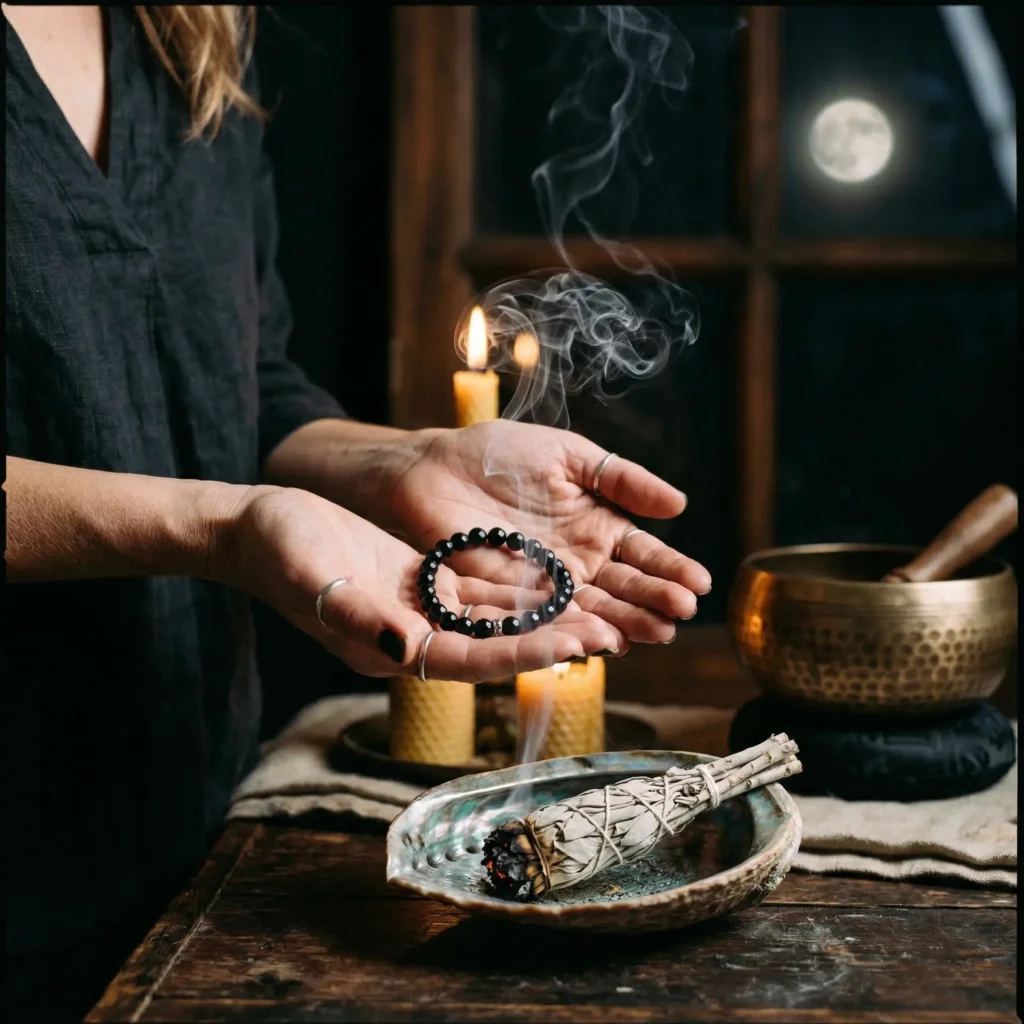 A black obsidian bracelet being cleansed by passing through white sage smoke, with a lit sage bundle in a ceramic bowl, moonlight visible through a window in the background, representing traditional crystal cleansing methods