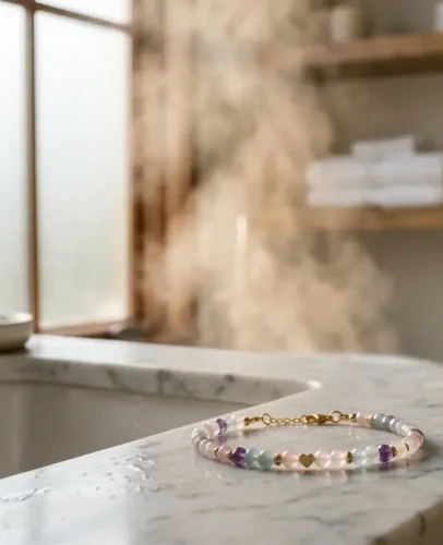 Crystal Bracelet Bathroom Lifestyle A hand holding a crystal bracelet near running shower water, illustrating why crystals should be removed before showering